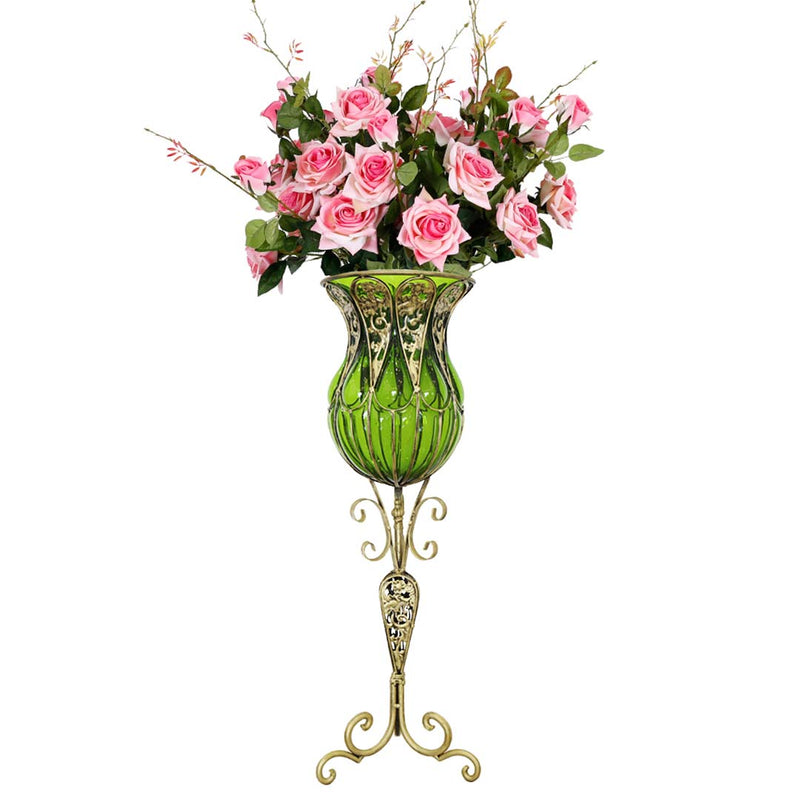 85cm Green Glass Tall Floor Vase Gold Metal Base 12pcs Pink Artificial Flowers