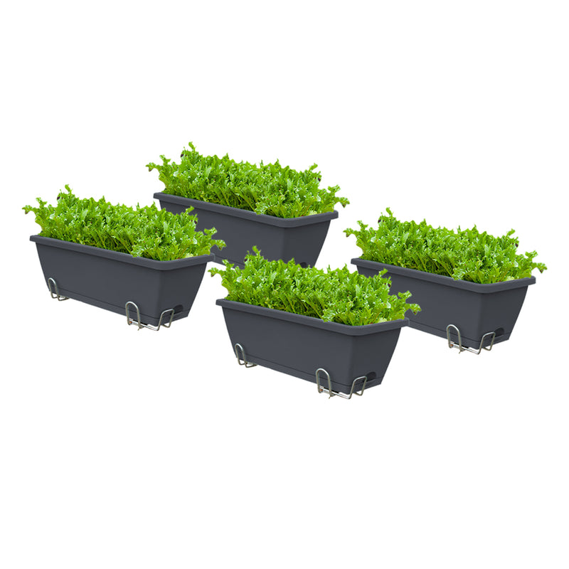 Black Rectangular Planter Set of 4 49.5cm Plastic Box with Holder Outdoor Garden