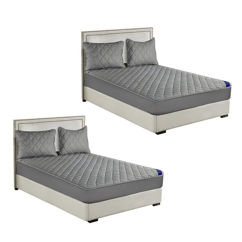 2X Grey Polyester Mattress Cover 203x183x40 Quilted Stretchable 4 Pillow Covers
