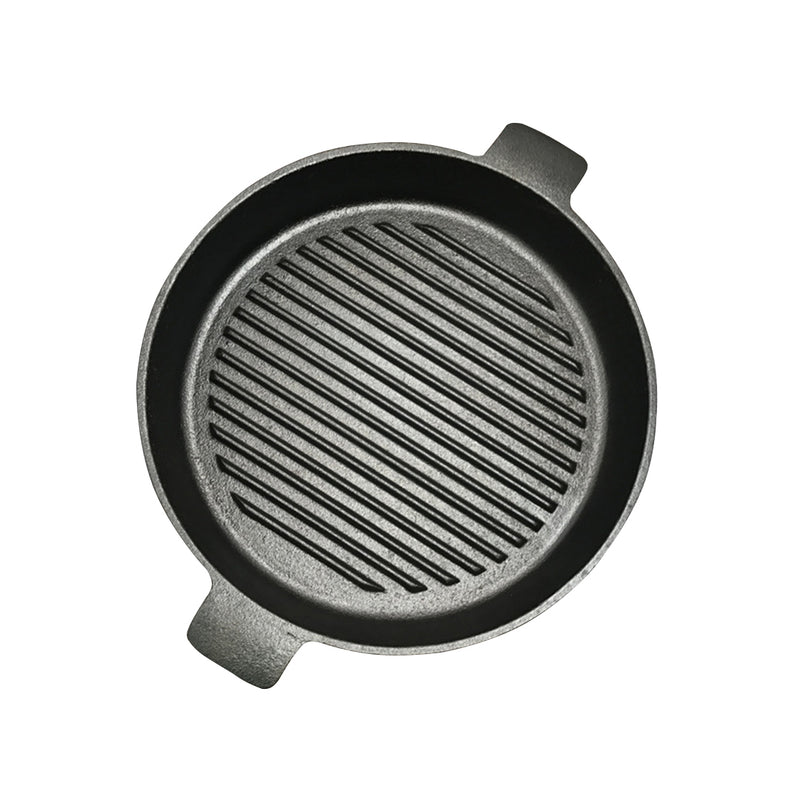 Round Ribbed Cast Iron Skillet 26cm Pre-Seasoned Non-Stick Sizzle Platter