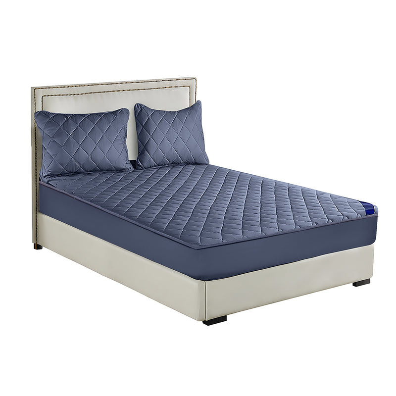 Blue Polyester Quilted Mattress Cover 203x153x40cm 2 Pillow Covers