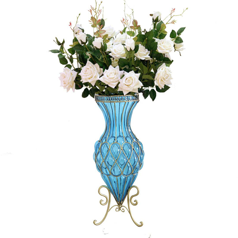 67cm Blue Glass Tall Floor Vase Gold Metal Accents 12pcs White Silk Flowers