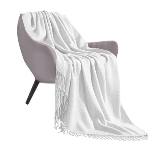 White Acrylic Knitted Throw Blanket 130x220cm Fringed Cozy Woven