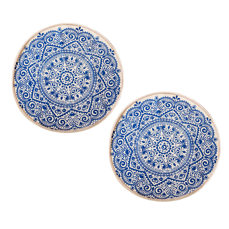 2X Blue Round Cotton Linen Rug 90x90x3cm Padded Non Slip Backing Tassels