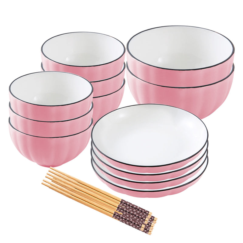 Pink Ceramic Dinnerware Set of 12 Japanese Style Bowls Plates Kitchen Decor