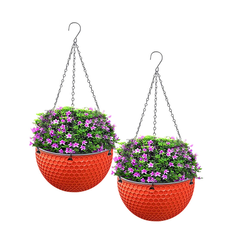 2X Medium Red Resin Hanging Planters Self Watering Reservoir Stainless Chain