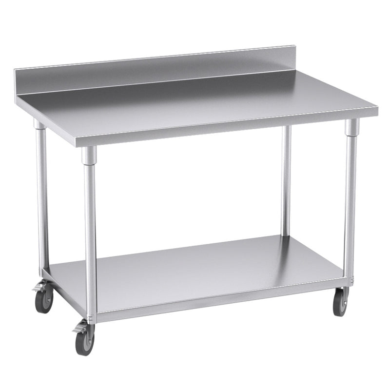 Commercial Kitchen Stainless Steel Prep Table 120cm with Backsplash and Wheels