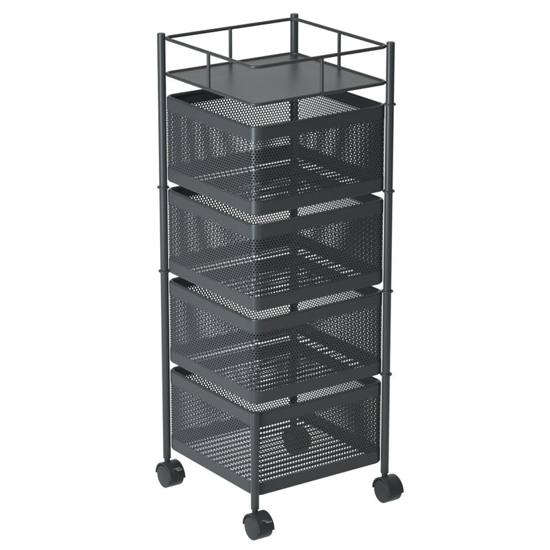 4 Tier Carbon Steel Rotating Kitchen Cart 30x30x82cm Black Locking Wheels