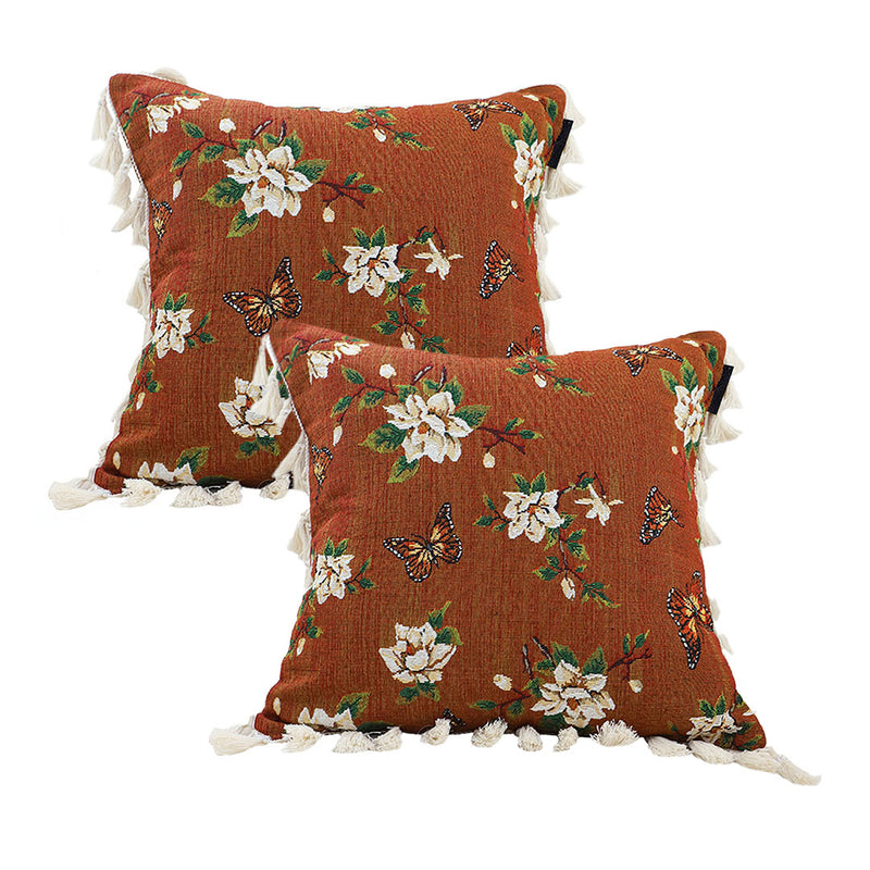 2X Velvet Throw Pillow Cushion 45x45cm 15cm Caramel Butterfly Flower Tassel
