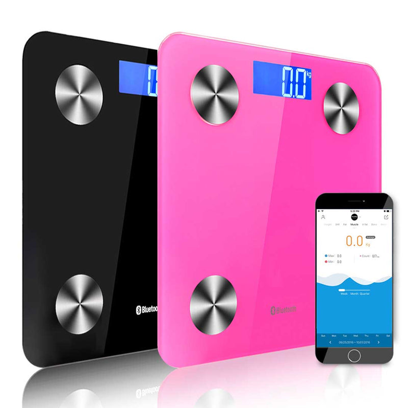 2X Bluetooth Digital Body Fat Scale BMI 4 Sensor 3KG To 180KG Black Pink
