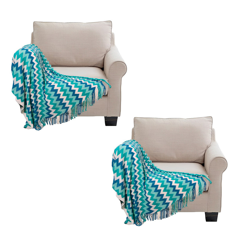 2X Knitted Throw Blanket 100% Acrylic 130x170cm Zigzag Striped Fringed Blue Teal