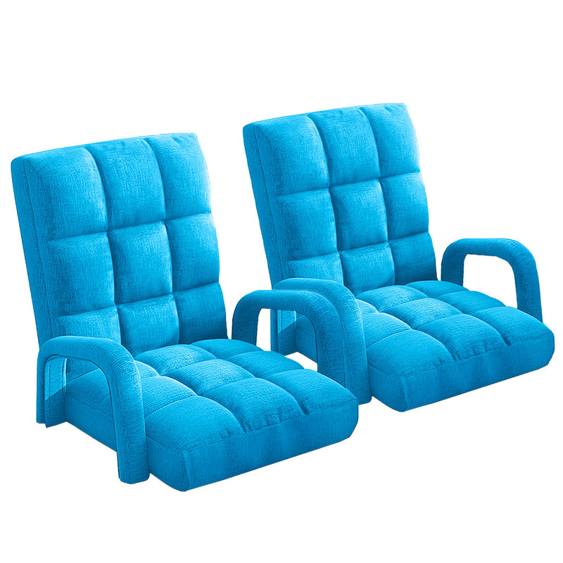 2X Foldable Floor Lounge Recliner Chair Adjustable Armrest Blue Linen Fabric