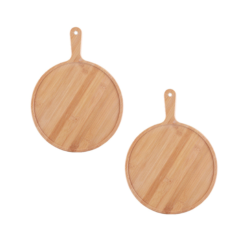 2X 9 Inch Bamboo Wood Round Serving Tray With Handle Blonde Brown