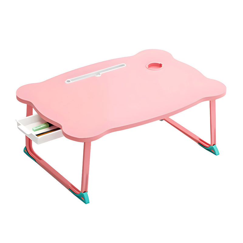 Portable Folding Bed Table 60x48x28cm Pink Particleboard Mini Drawer Cup Holder