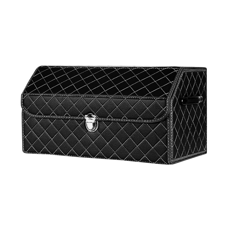 Leather Car Boot Organizer Medium 53x31x29cm Collapsible Lock Black White Stitch