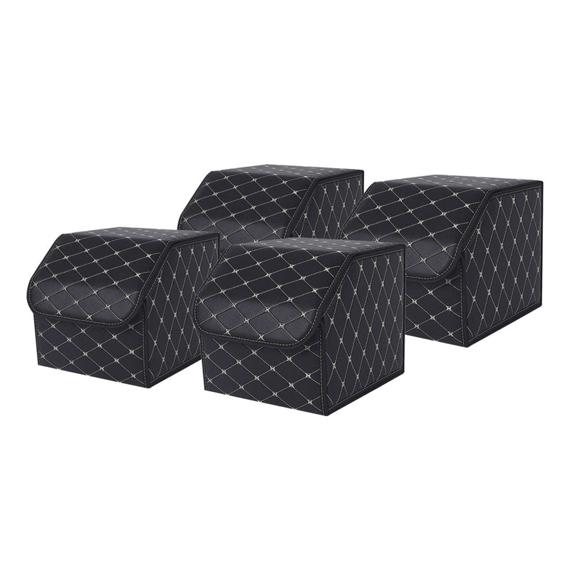 4X Leather Car Boot Organizer 30x30x30cm Collapsible Black Gold Stitch