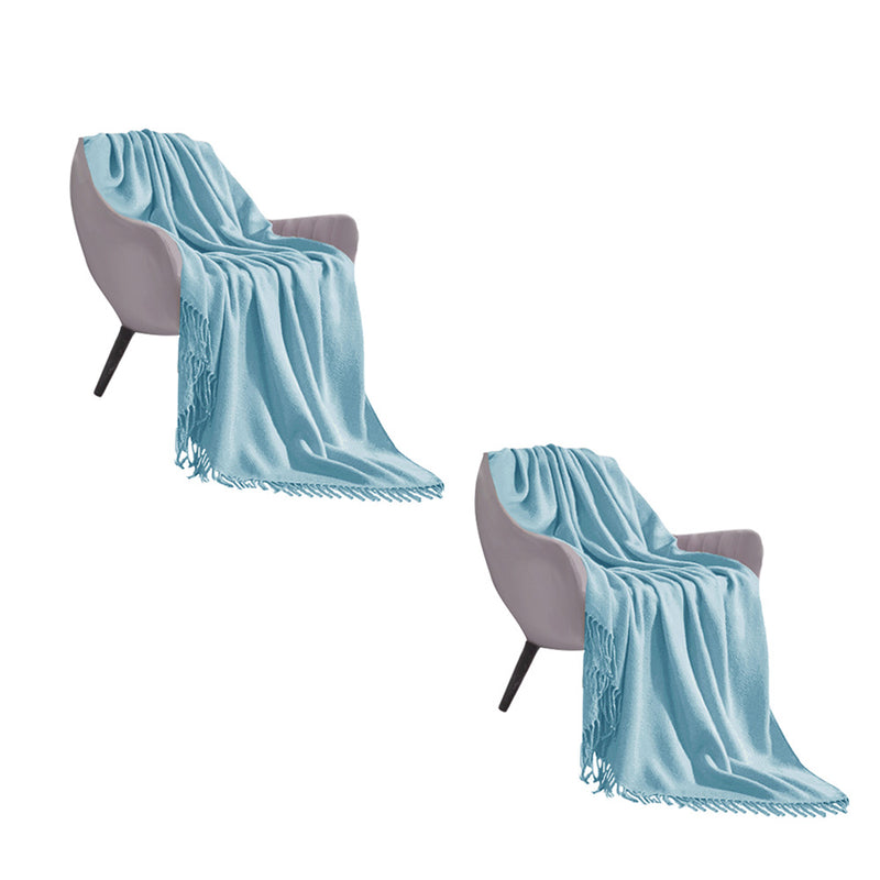 2X Acrylic Knitted Throw Blanket 130cmx220cm Fringed Sky Blue