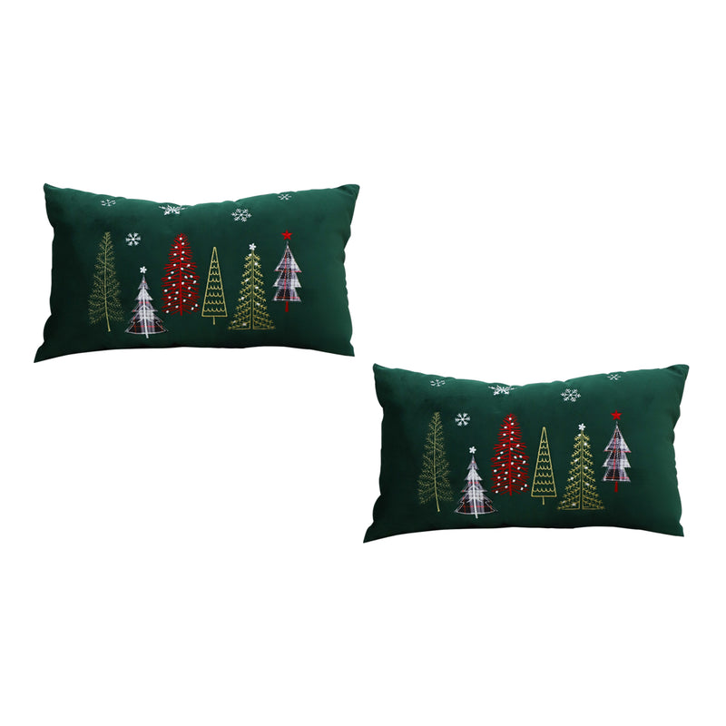 2X Embroidered Christmas Forest Lumbar Throw Pillow Polyester 30x50x14cm Green