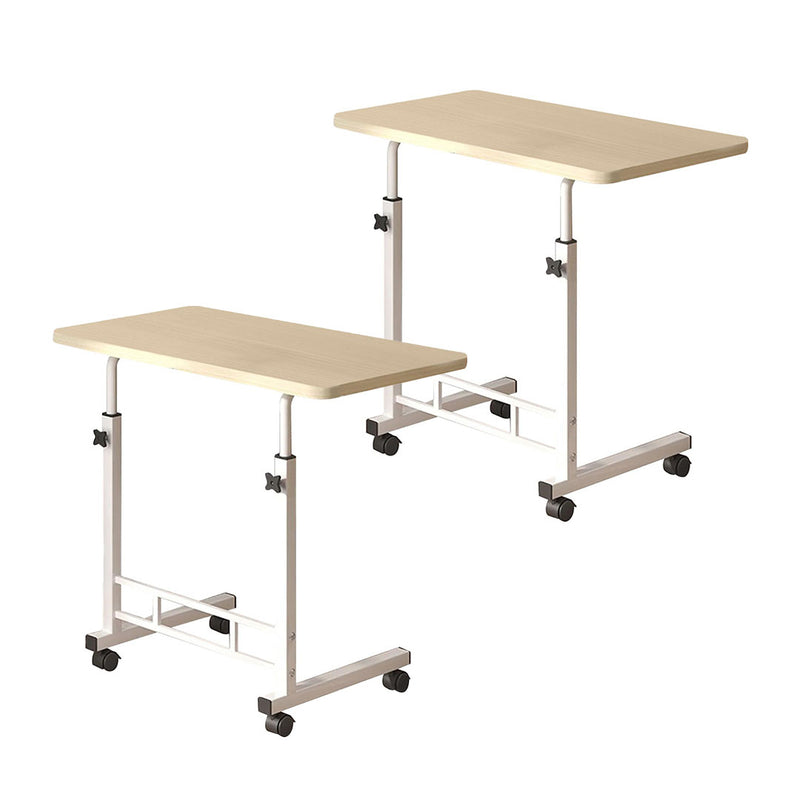 2X White Maple Bedside Table 40x80cm Movable Desk White Metal Frame Wheels