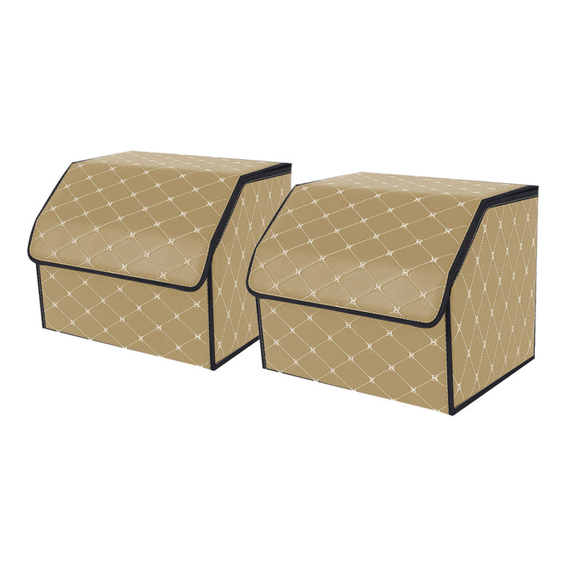 2X Leather Car Boot Organizer 30x30x30cm Collapsible Divider Beige Gold Stitch