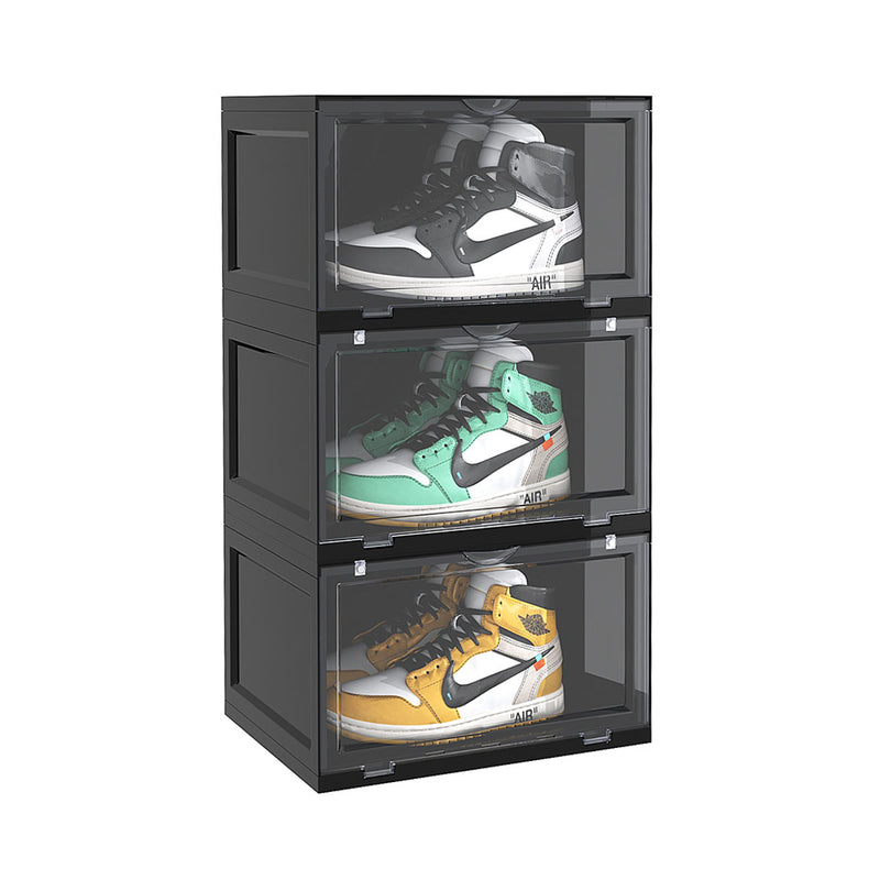 3 Tier Black Portable Shoe Organizer Folding Stackable Plastic Storage Box