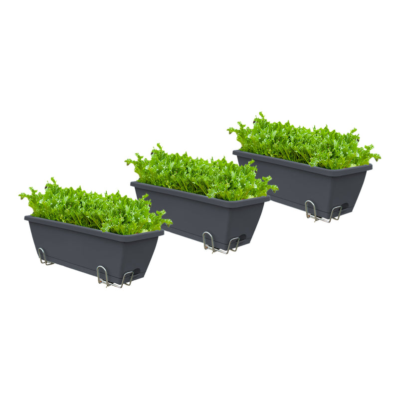 Rectangular Black Plastic Planter Set of 3 with Holder for Garden Balcony