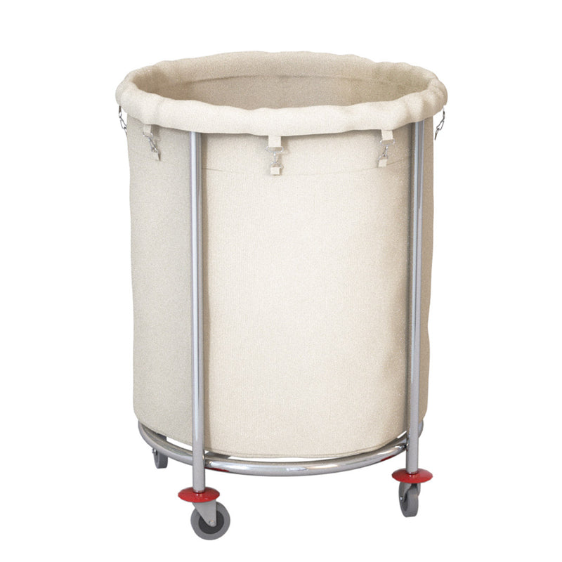 Stainless Steel Round Commercial Linen Cart 32 Inch Tall Oxford Bag Wheels White
