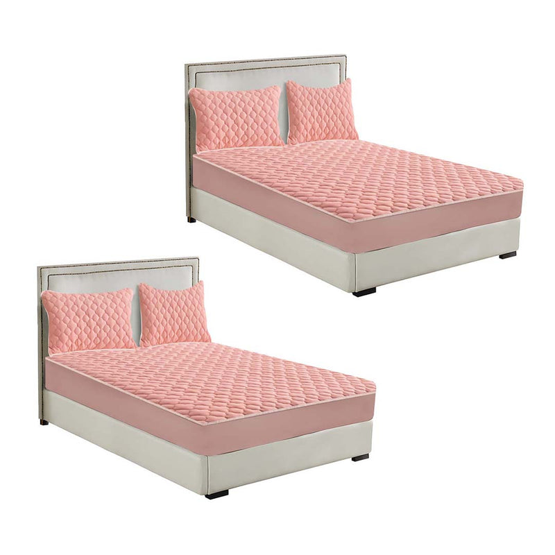 2X Pink Polyester Mattress Cover 203x153x40 Quilted Fleece With 4 Pillow Covers