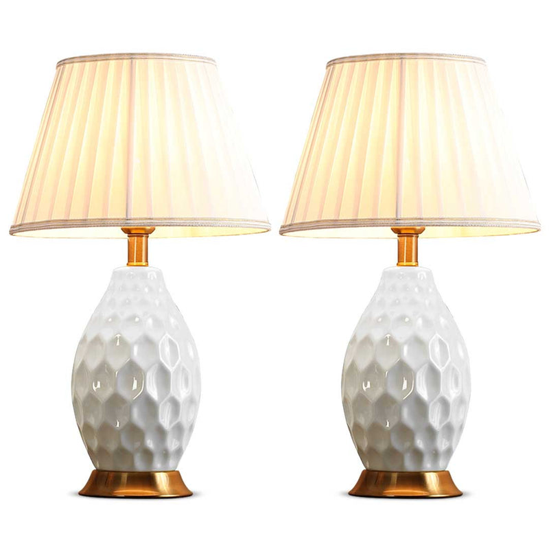 2X Textured Ceramic Oval Table Lamps Gold Metal Base White Drum Shade 55cm