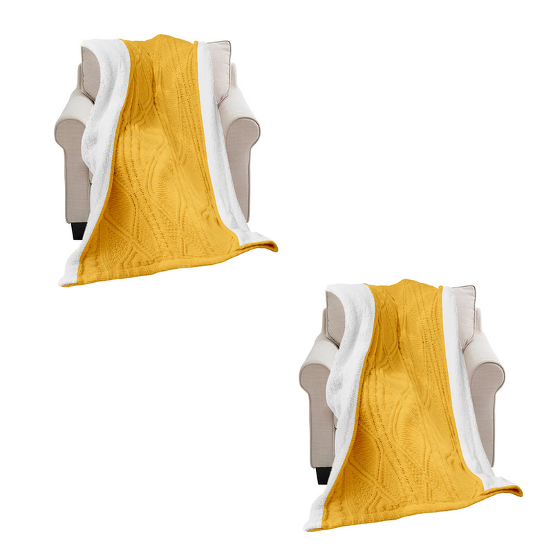 2X 200X230cm Chenille Fleece Throw Blanket Two Sided Knitted Suede Yellow White