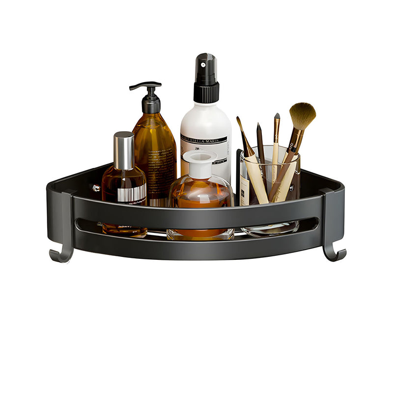 Wall Mounted Aluminum Corner Bathroom Shelf Rack 24.5x24x6cm Black With Hooks