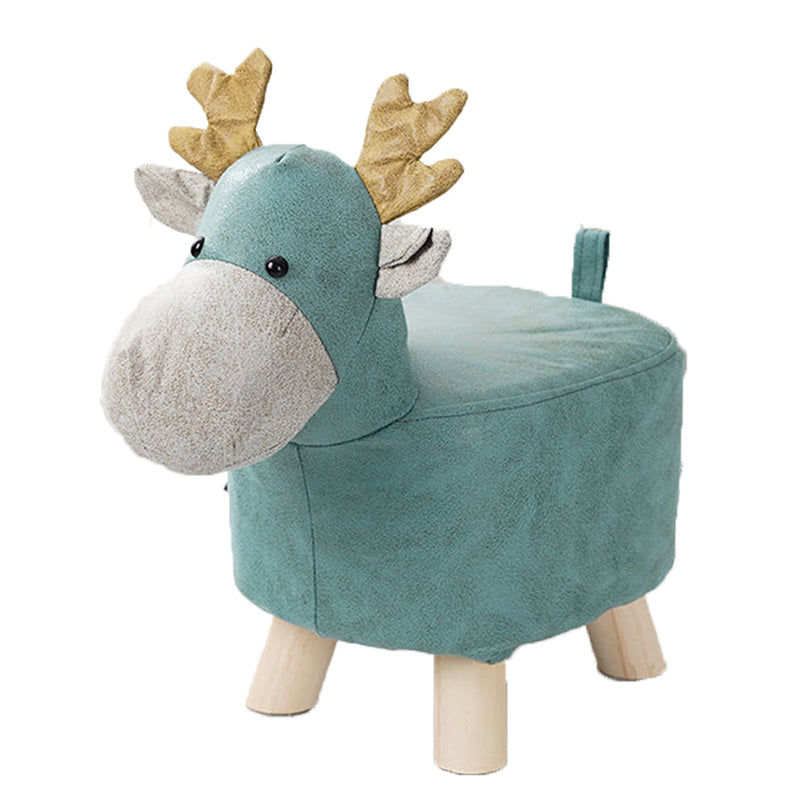Kids Round Ottoman Stool Deer Character Polyurethane Sponge Pine 28x26cm Green