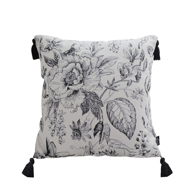 50cm Throw Pillow Black White Floral Print Tassel Accents Polyester Decor