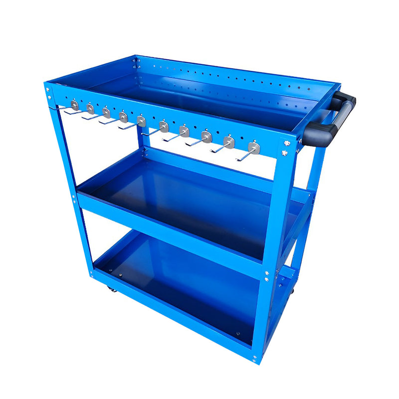 3 Tier Blue Steel Tool Cart Heavy Duty with Hooks 73cm Mobile Utility Trolley
