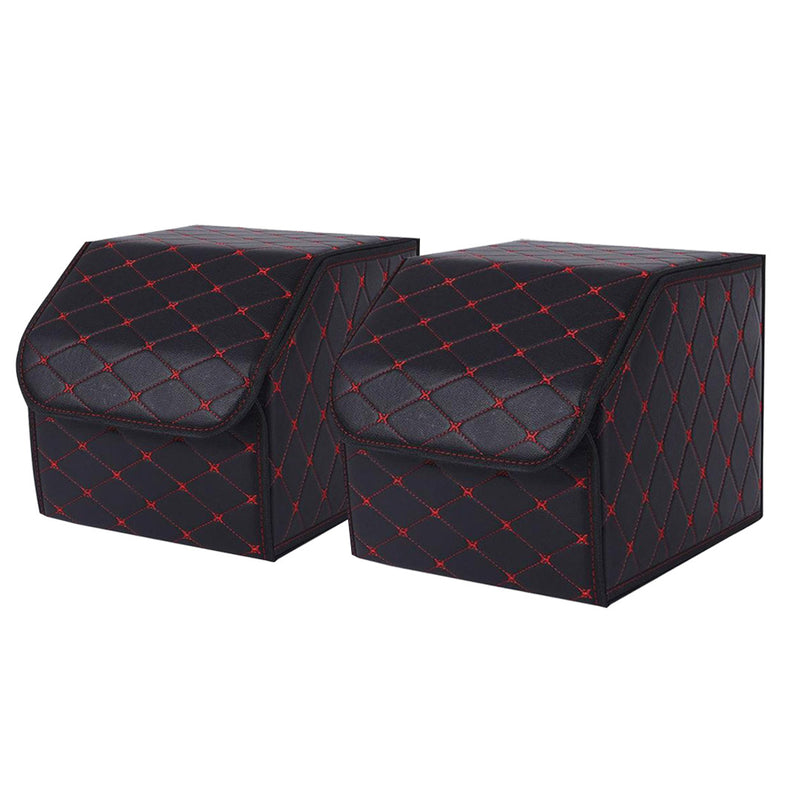 2X Leather Car Trunk Organizer 30cm Collapsible Black Red Stitch 10Kg
