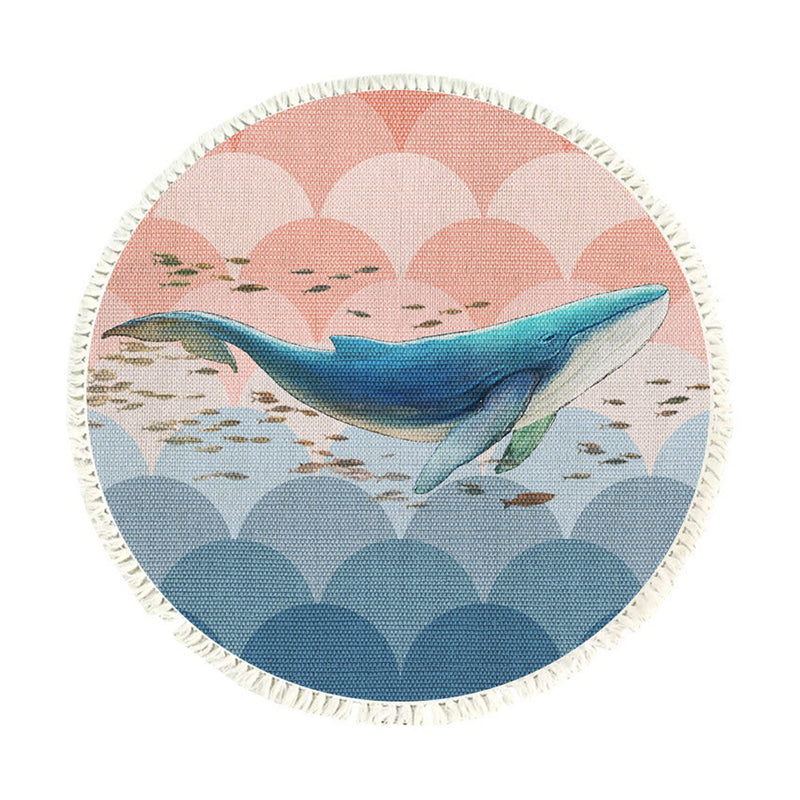 120cm Round Polyester Area Rug Shark Print Tassels Multicolor Non Slip Backing