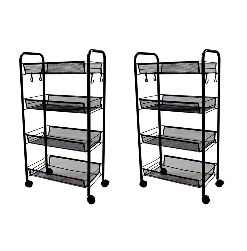 2X 4 Tier Steel Mesh Kitchen Cart Black with Wheels Portable Storage Shelves