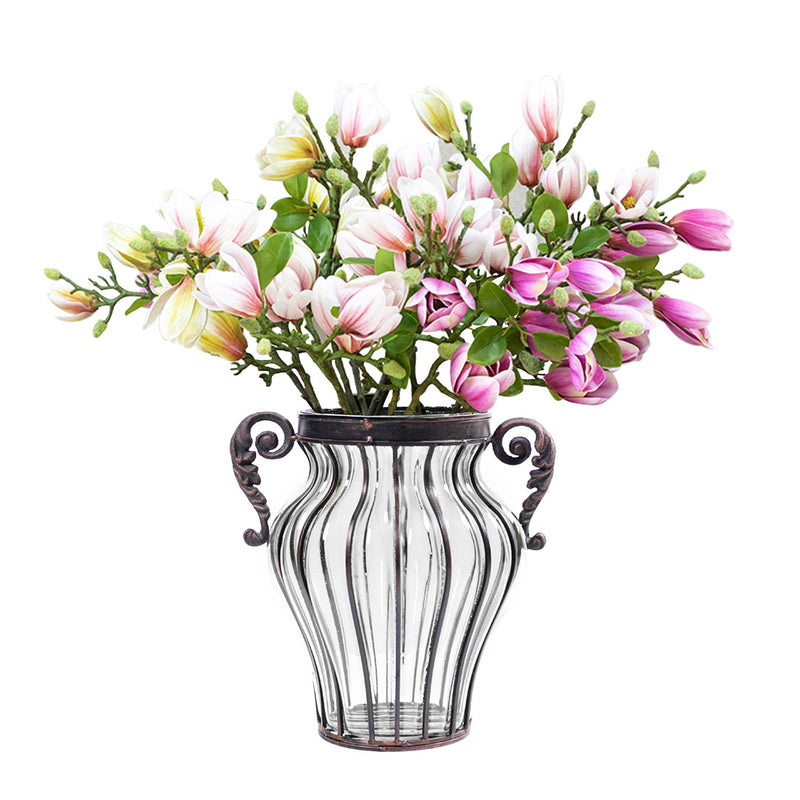 Clear Glass Flower Vase With 6 Bunch 4 Heads Purple Magnolia Silk Home Decor