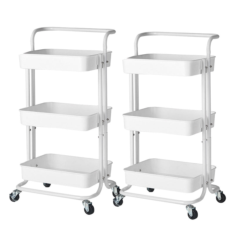 2X 3 Tier Carbon Steel Kitchen Cart White Mobile Shelves Wheels 10Kg Per Shelf
