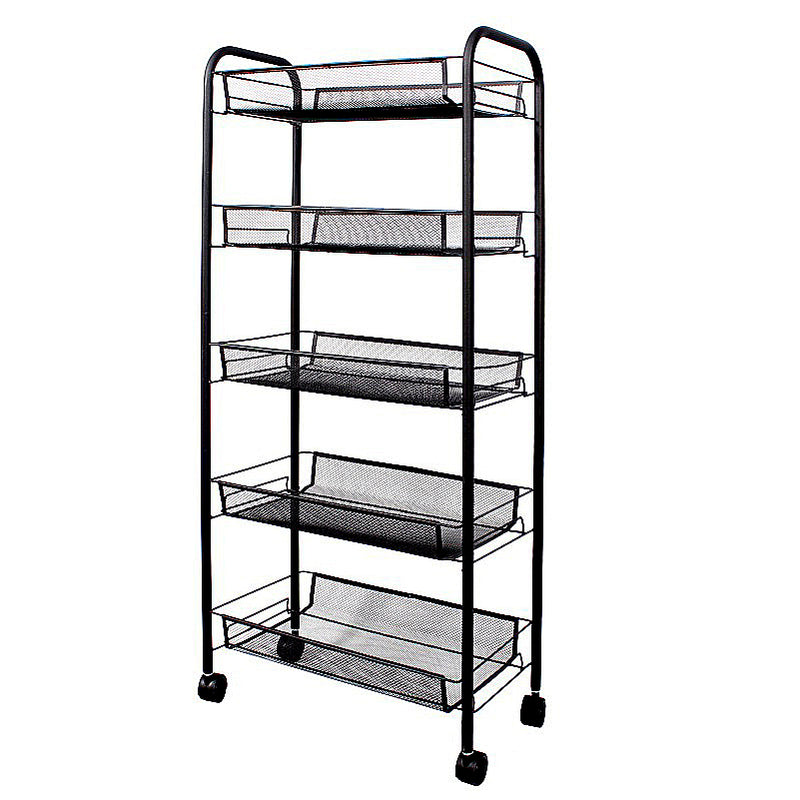 5 Tier Steel Kitchen Cart Black Mesh Shelves Portable Storage With Wheels