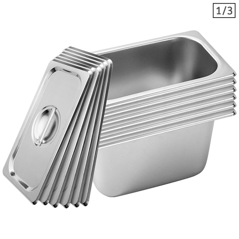 6X Full Size GN Pan 1/3 15cm Deep Stainless Steel Tray With Lid