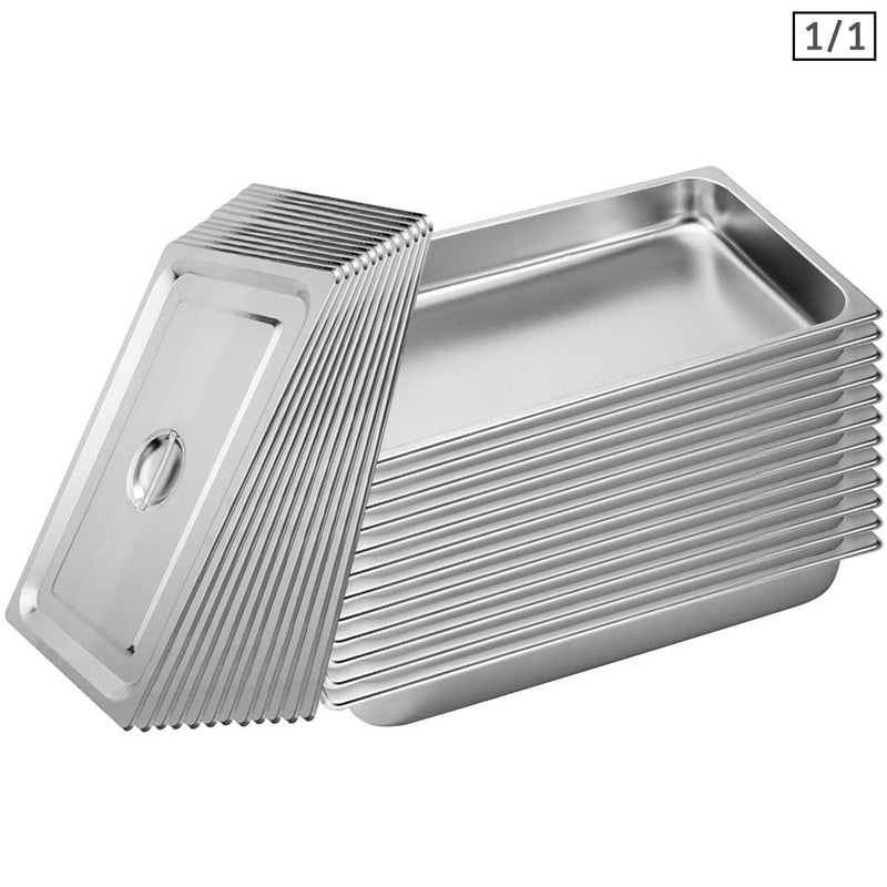 12X Gastronorm Full Size 1/1 Pan 53x32.5x6.5cm Stainless Steel With Lid