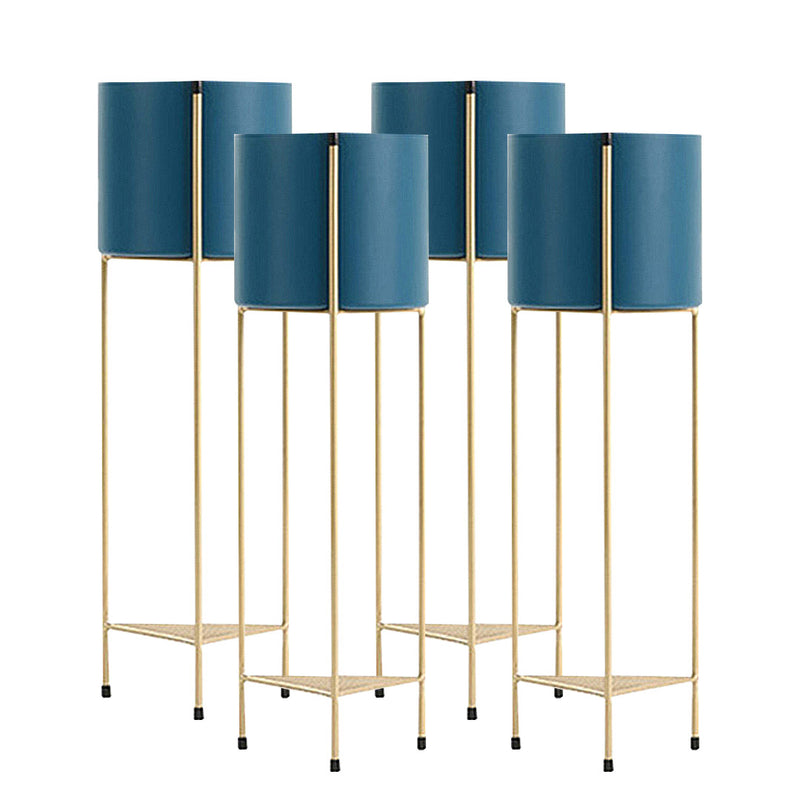 4X 2 Tier 65cm Gold Metal Plant Stands With Blue Enamel Pots Corner Rack