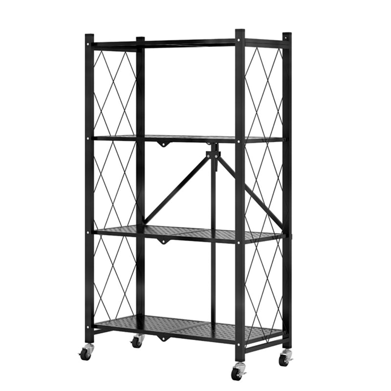 4 Tier Black Steel Foldable Kitchen Cart With Wheels Portable Storage Shelves