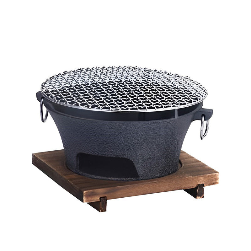 Small Cast Iron Tabletop Charcoal Grill 21cm Steel Net Black Wood Base
