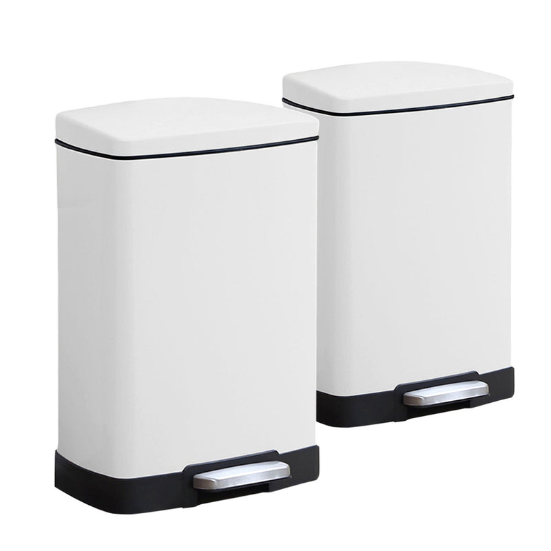 2X White Stainless Steel Foot Pedal Trash Bins 12L Rectangular Soft Close