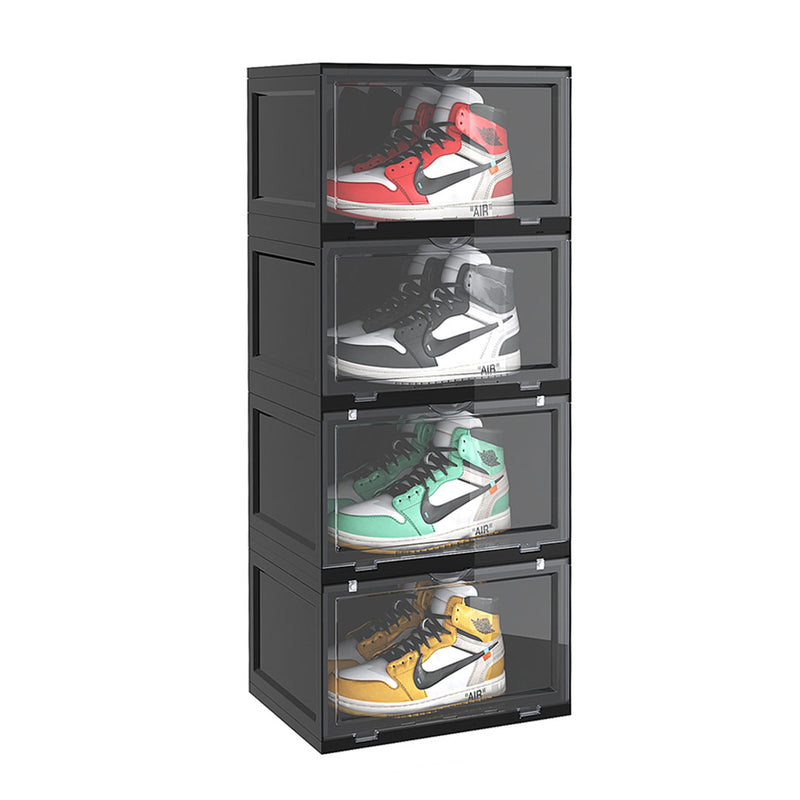 4 Tier Black Shoe Organizer Plastic Stackable Storage Box With Magnetic Door