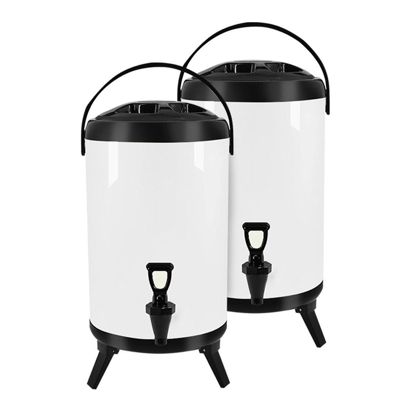 2X 14L Stainless Steel Insulated Milk Tea Beverage Dispenser With Faucet White