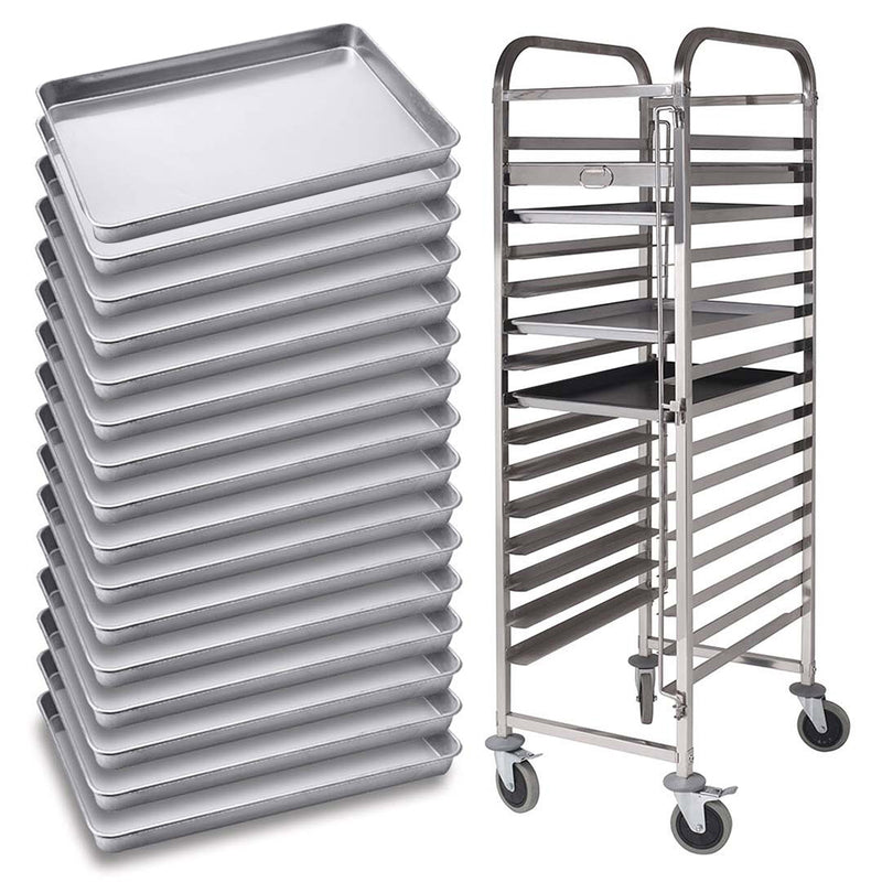 16 Tier Stainless Steel Tray Trolley 16 Aluminum Pans 60x40x5cm Lockable Castors