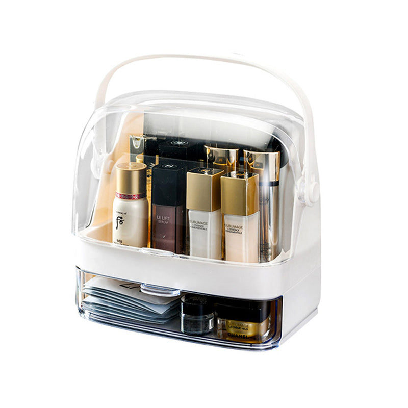 2 Tier White Plastic Makeup Skincare Organizer Box with Handle